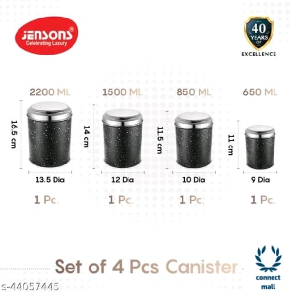 Graceful Jars & Containers - LXHXW: 13.5X 16.5 X 13.5, BLACK & White Marble Finish With Mirror Polish S.Steel Lids , Stainlees Steel, Pack of: 4 piece